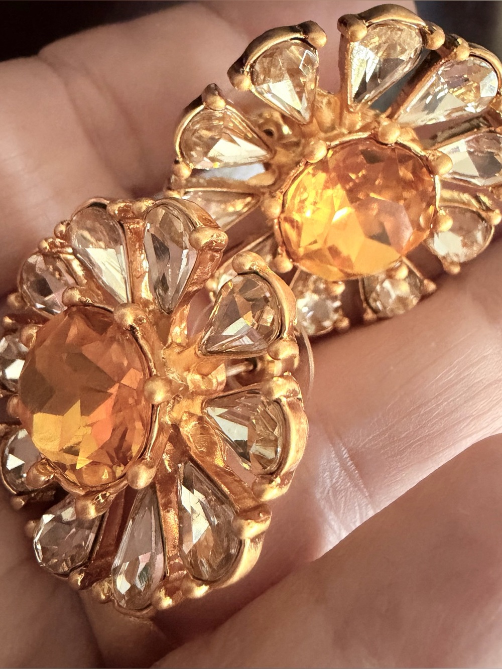 OSCAR DE LA RENTA FLOWER EARRINGS Gold/Citrine Crystal Daisy Stud Post - Picture 10 of 12
